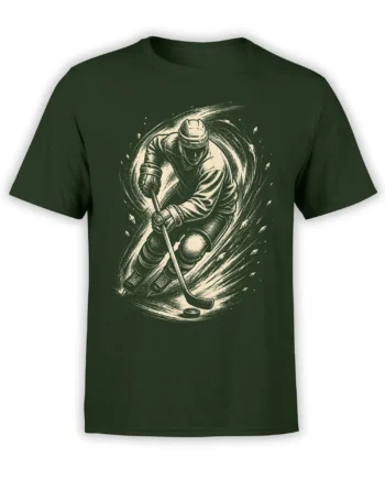 Vintage masked hockey goalie with stick and puck printed on a green T-shirt in a dynamic rink scene