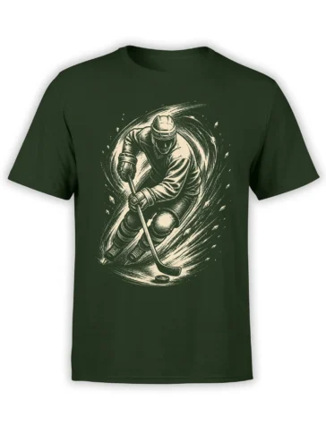 Vintage masked hockey goalie with stick and puck printed on a green T-shirt in a dynamic rink scene