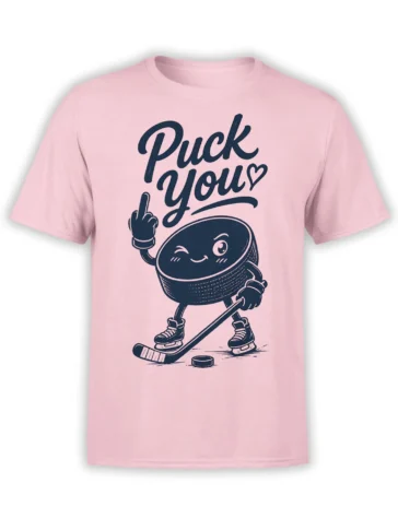 Pink hockey T-shirt with a cheeky puck character, hockey stick, raised middle finger, and “Puck You” text