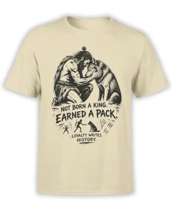Beige wolf T-shirt with bearded figure embracing a wolf and the message “Earned a Pack”