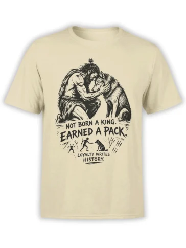 Beige wolf T-shirt with bearded figure embracing a wolf and the message “Earned a Pack”