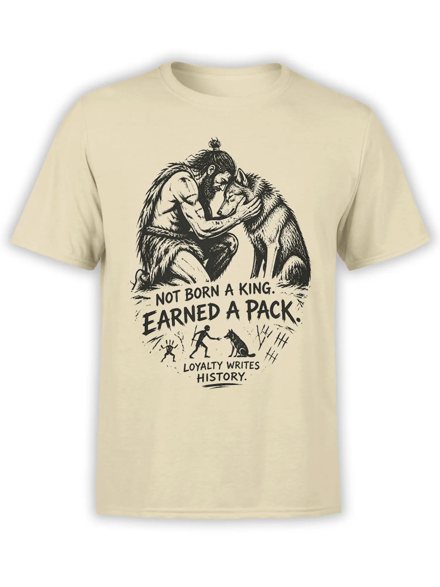 Beige wolf T-shirt with bearded figure embracing a wolf and the message “Earned a Pack”