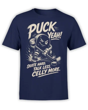 Vintage navy hockey t-shirt with a grinning puck, stick, skates, and bold cream “Puck Yeah” lettering