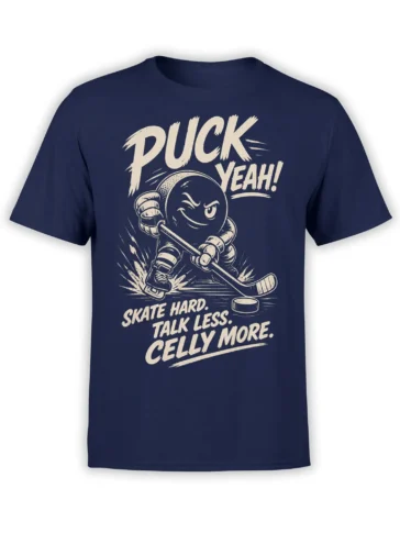 Vintage navy hockey t-shirt with a grinning puck, stick, skates, and bold cream “Puck Yeah” lettering