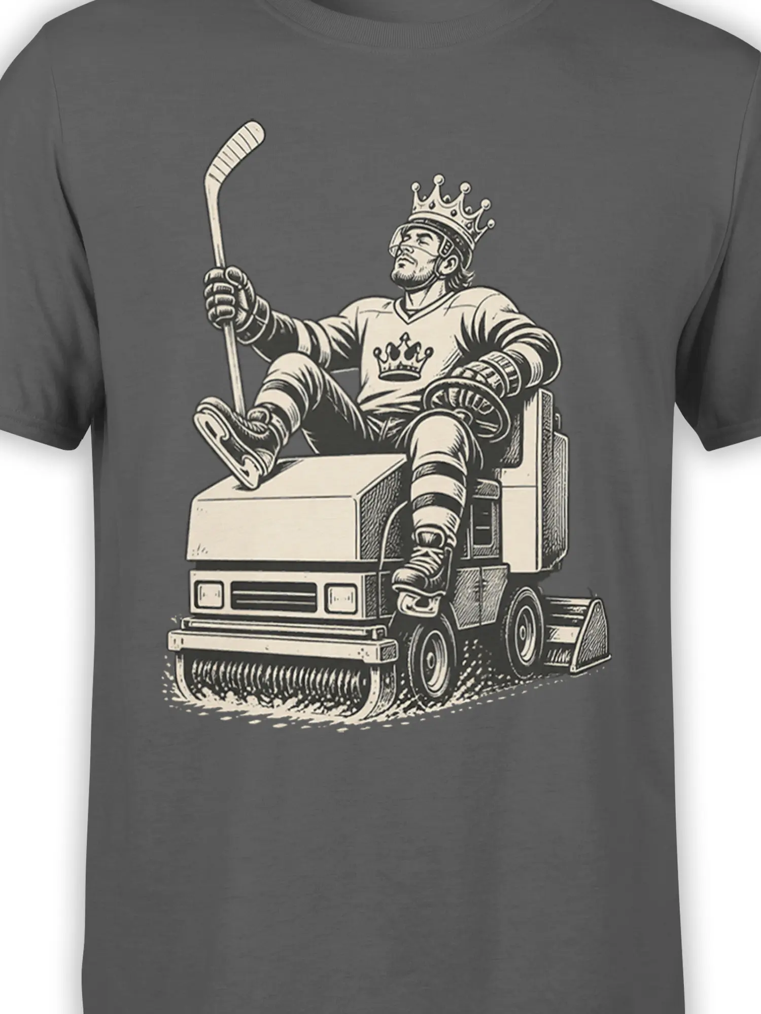 Detailed crowned hockey player and ice resurfacer artwork on gray hockey shirt