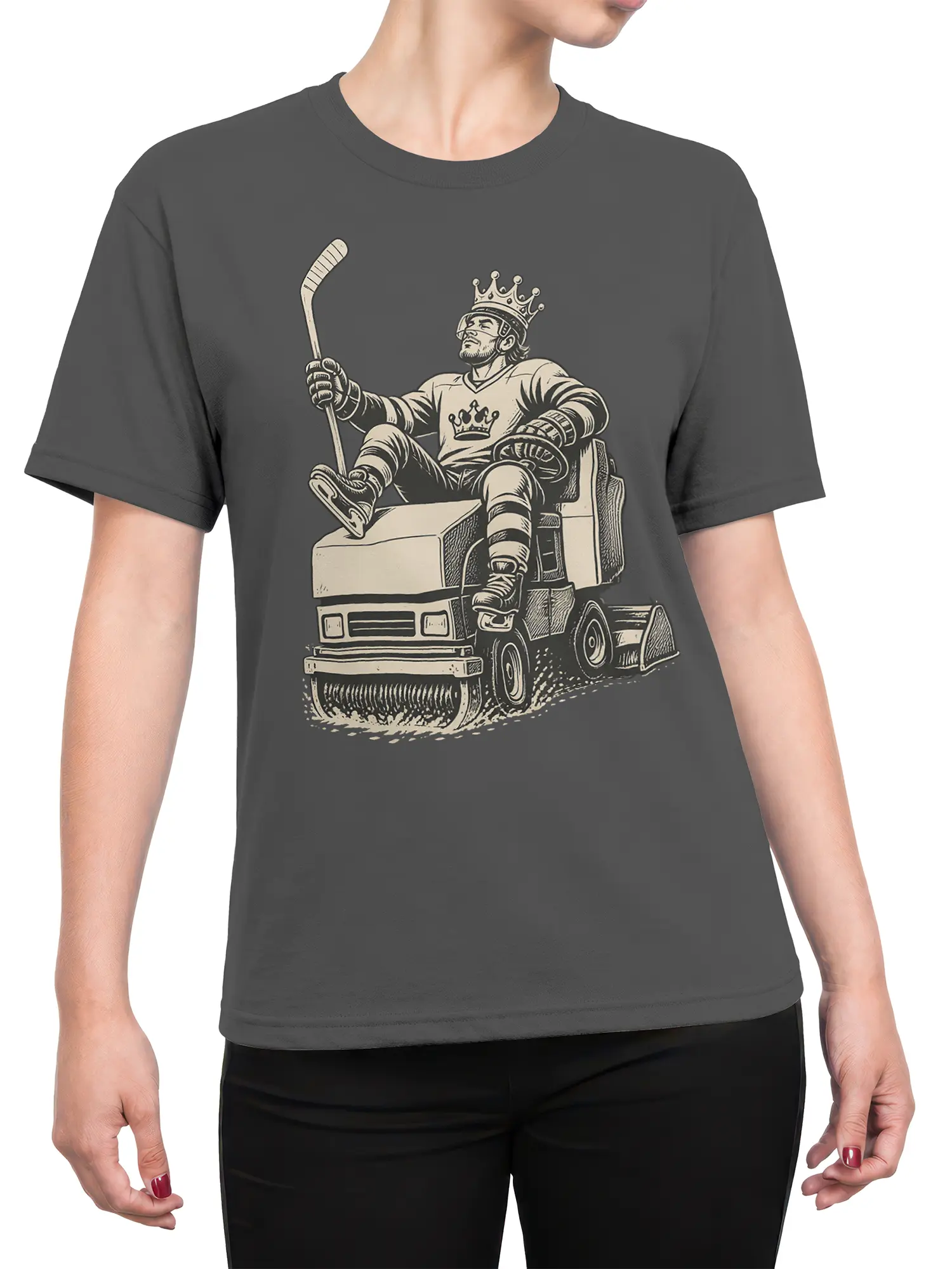 Female torso wearing a gray hockey T-shirt with crowned player and ice resurfacer design