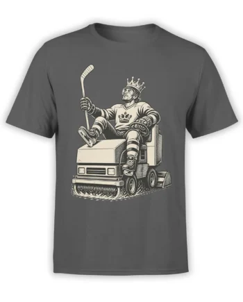 Crowned hockey player seated on an ice resurfacer on a gray hockey T-shirt