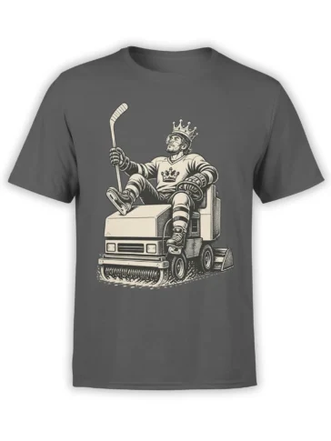Crowned hockey player seated on an ice resurfacer on a gray hockey T-shirt