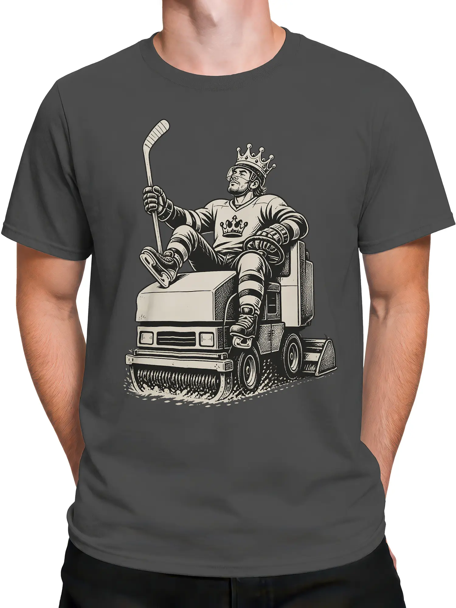 Male torso wearing a gray hockey T-shirt with crowned player artwork