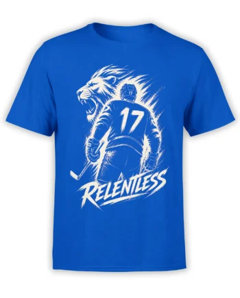 Blue T-shirt featuring a roaring lion hockey player, number 17, hockey stick, and RELENTLESS lettering