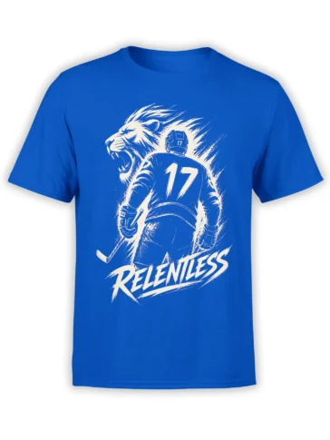 Blue T-shirt featuring a roaring lion hockey player, number 17, hockey stick, and RELENTLESS lettering