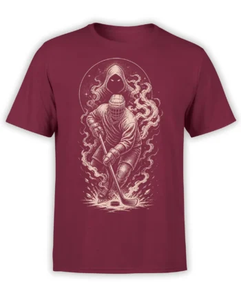 Hooded armored hockey warrior holding a stick beside a puck on a burgundy T-shirt