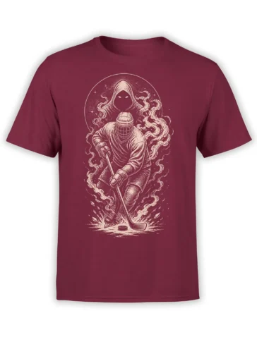 Hooded armored hockey warrior holding a stick beside a puck on a burgundy T-shirt
