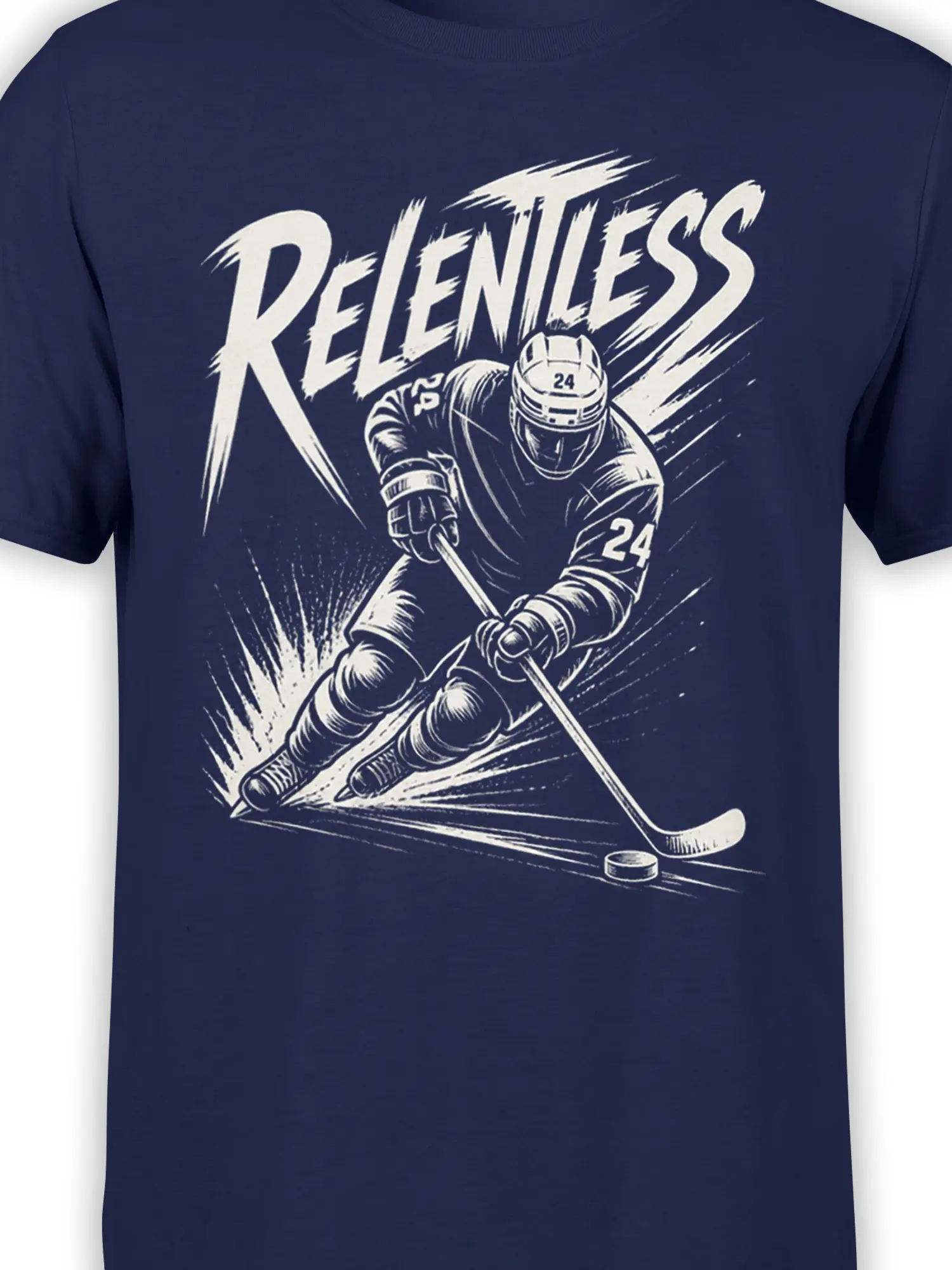 Close-up of the Relentless hockey player artwork, number 24, stick, puck, and cream print on navy fabric