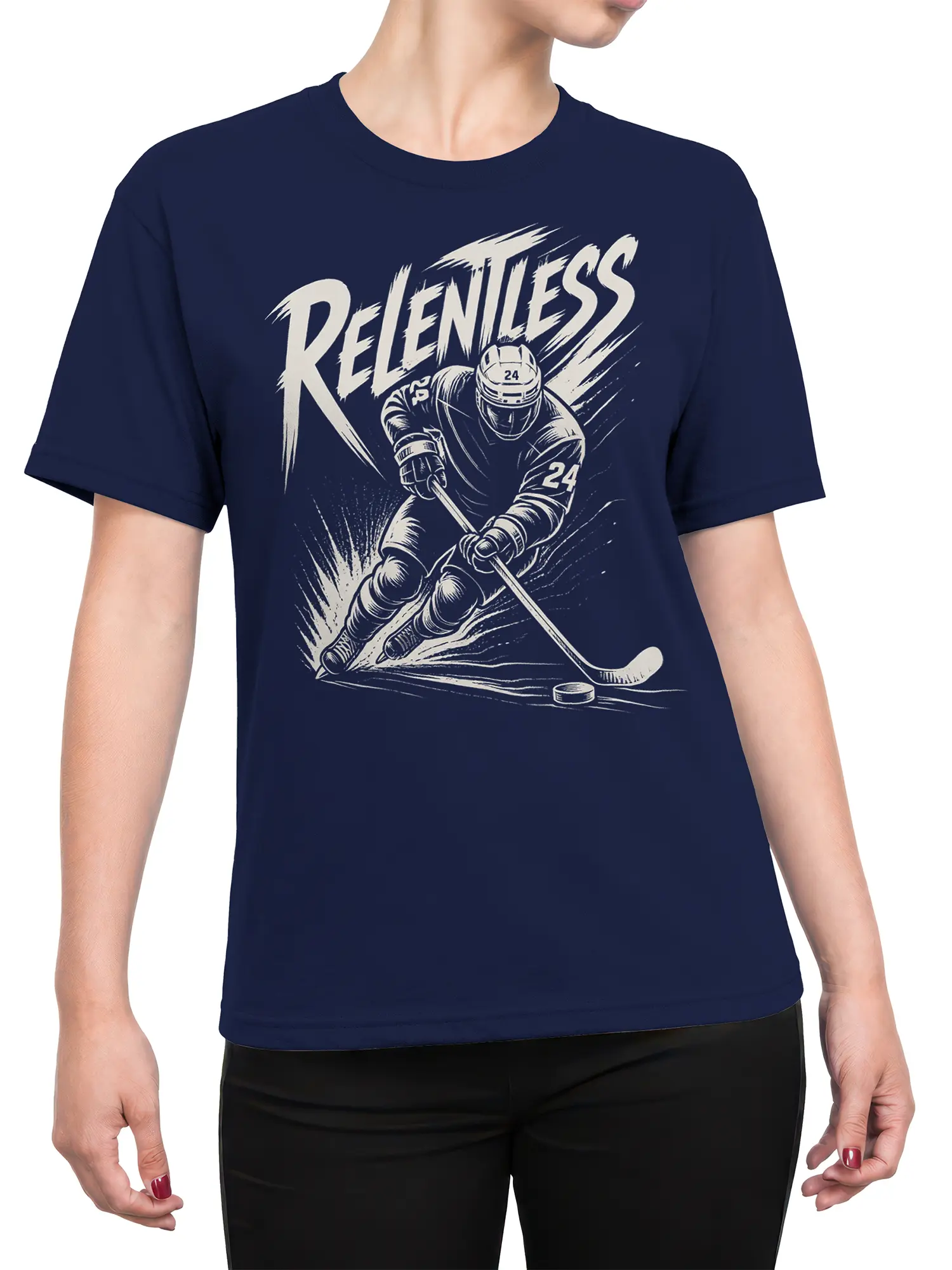 Female torso wearing a navy T-shirt with a Relentless ice hockey player graphic and cream sports lettering