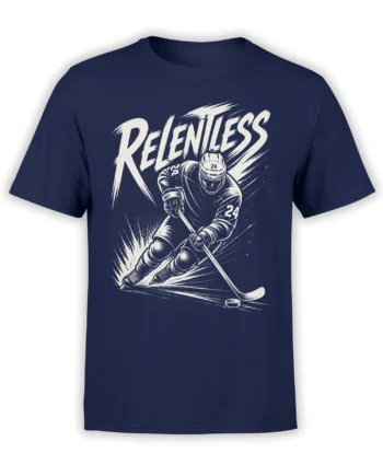 Relentless ice hockey player graphic with stick, puck, and bold cream lettering on a navy T-shirt