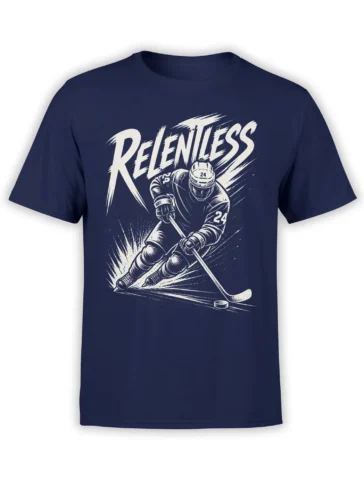 Relentless ice hockey player graphic with stick, puck, and bold cream lettering on a navy T-shirt