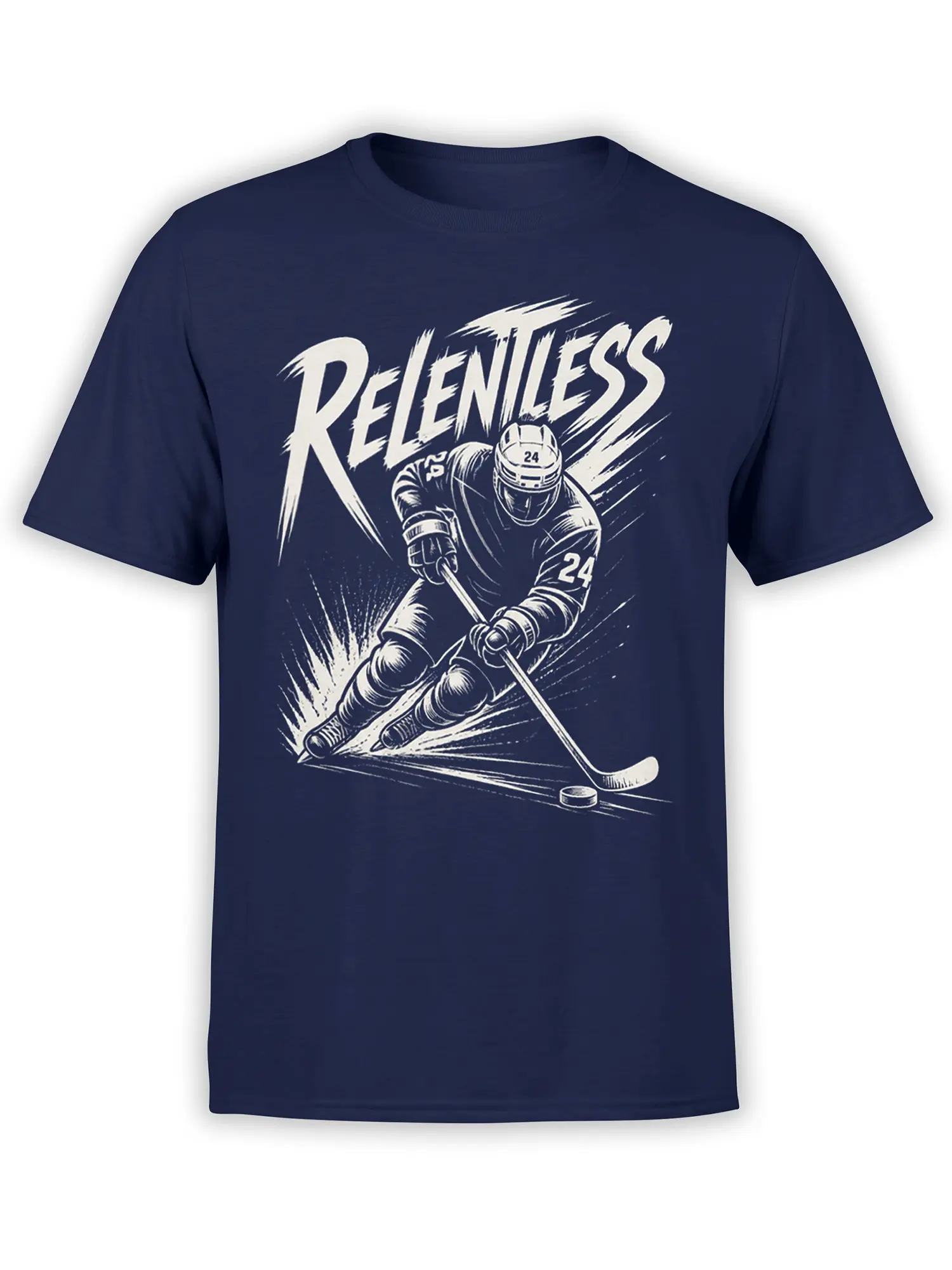 Relentless ice hockey player graphic with stick, puck, and bold cream lettering on a navy T-shirt