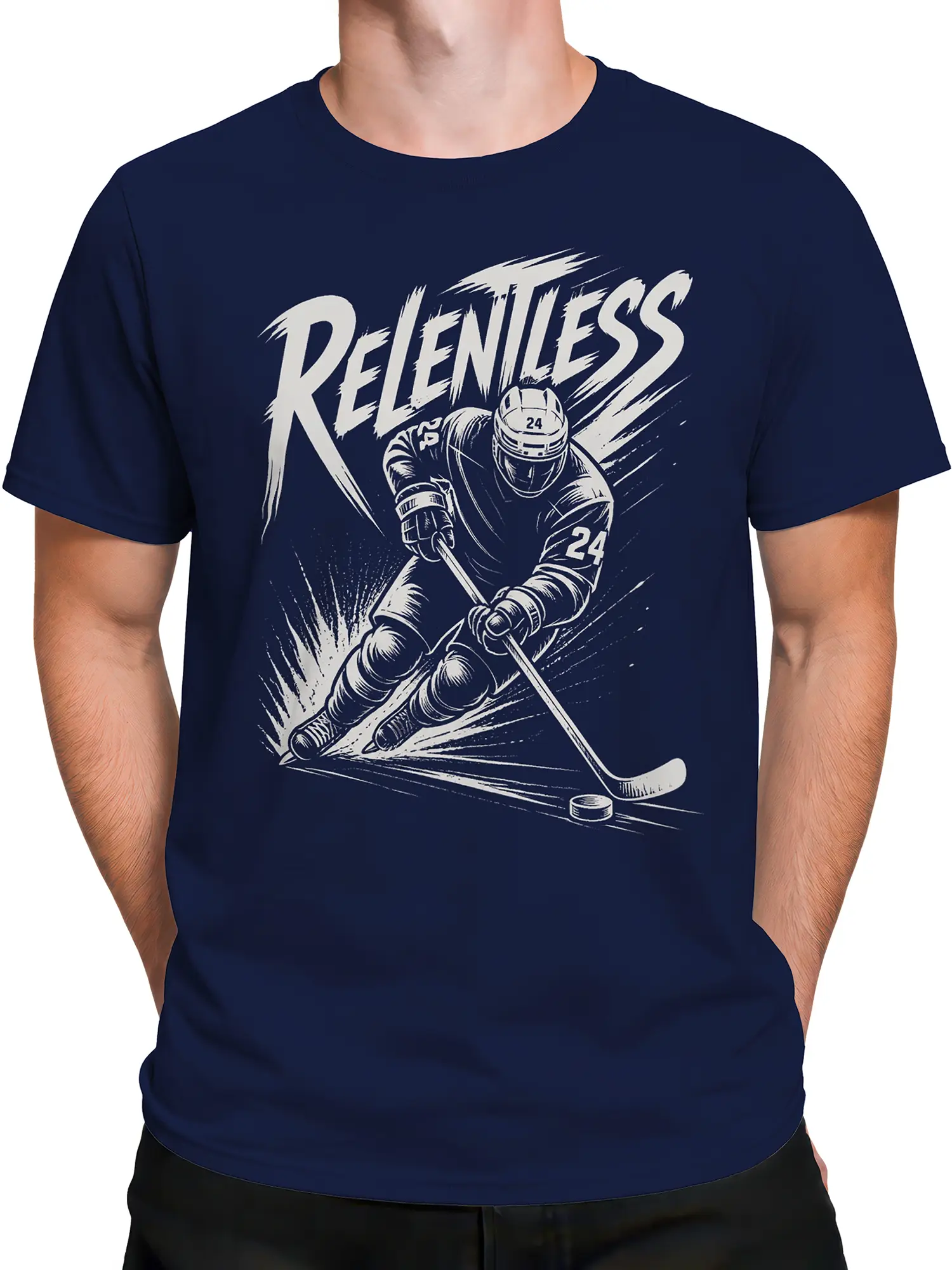 Male torso wearing a navy Relentless T-shirt with a cream ice hockey player and puck graphic