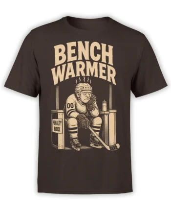 Brown hockey t-shirt with a vintage cream player sitting in the penalty box under BENCH WARMER text