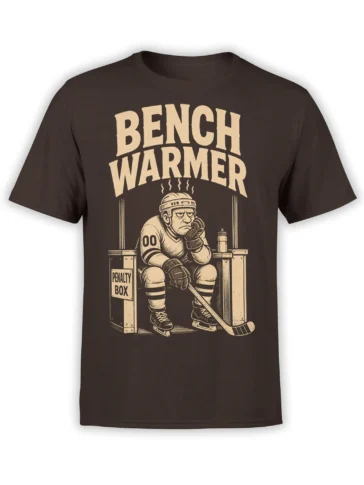 Brown hockey t-shirt with a vintage cream player sitting in the penalty box under BENCH WARMER text