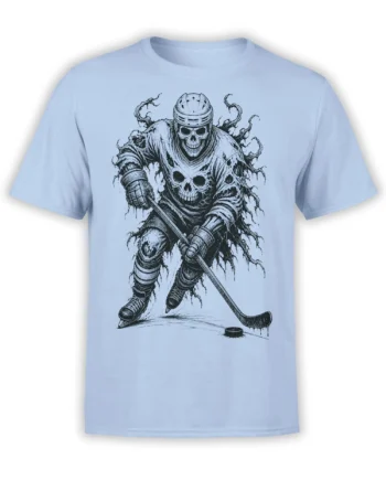 Light blue hockey T-shirt featuring a skeletal player in armor with a hockey stick and puck