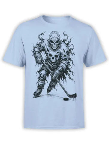 Light blue hockey T-shirt featuring a skeletal player in armor with a hockey stick and puck