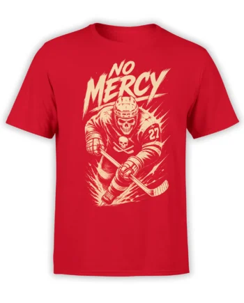 Red hockey t-shirt with a cream skull player, crossed sticks, number 27, and No Mercy lettering