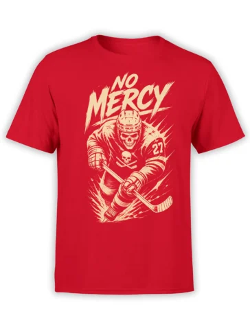 Red hockey t-shirt with a cream skull player, crossed sticks, number 27, and No Mercy lettering