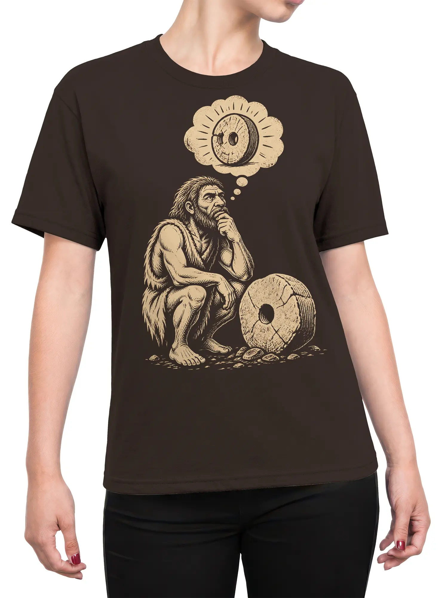 Female torso wearing a brown T-shirt with a vintage thoughtful caveman and wheel graphic