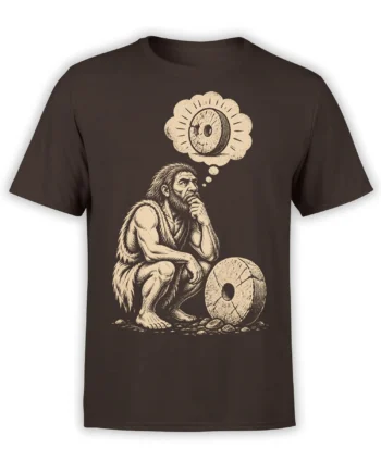Brown T-shirt with a thoughtful caveman imagining a stone wheel in a vintage cream graphic design