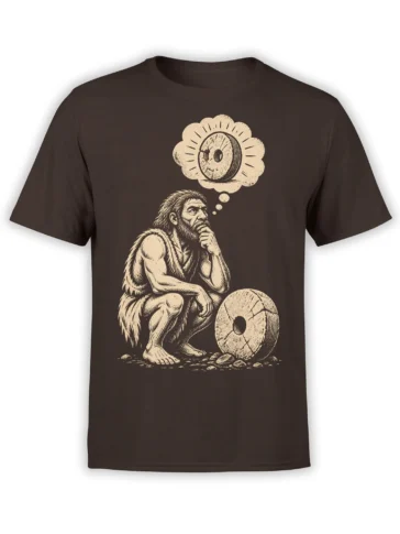 Brown T-shirt with a thoughtful caveman imagining a stone wheel in a vintage cream graphic design