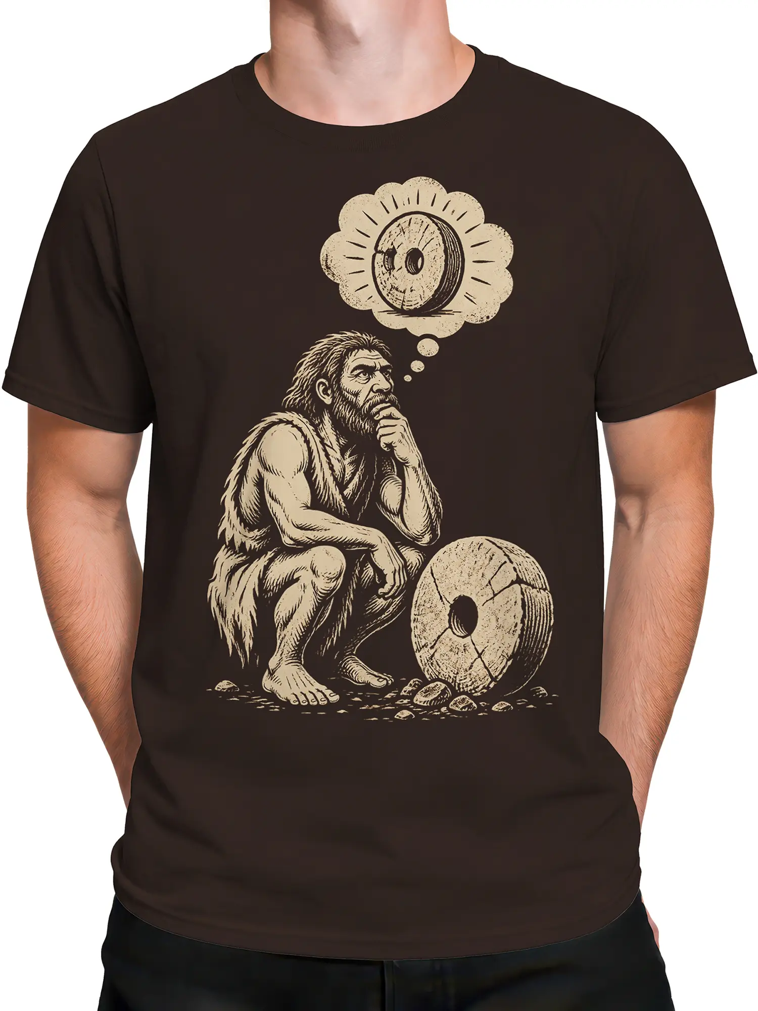 Male torso wearing a brown T-shirt with a vintage caveman wheel invention graphic