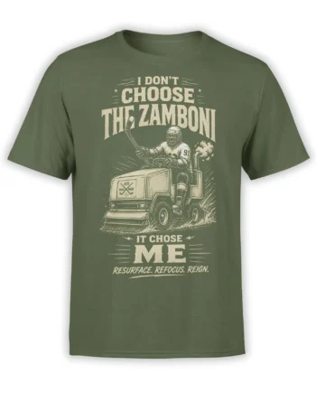 Vintage hockey goalie riding an ice resurfacing machine on a green hockey t-shirt