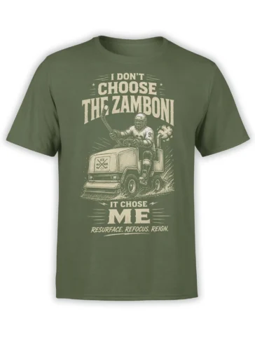 Vintage hockey goalie riding an ice resurfacing machine on a green hockey t-shirt