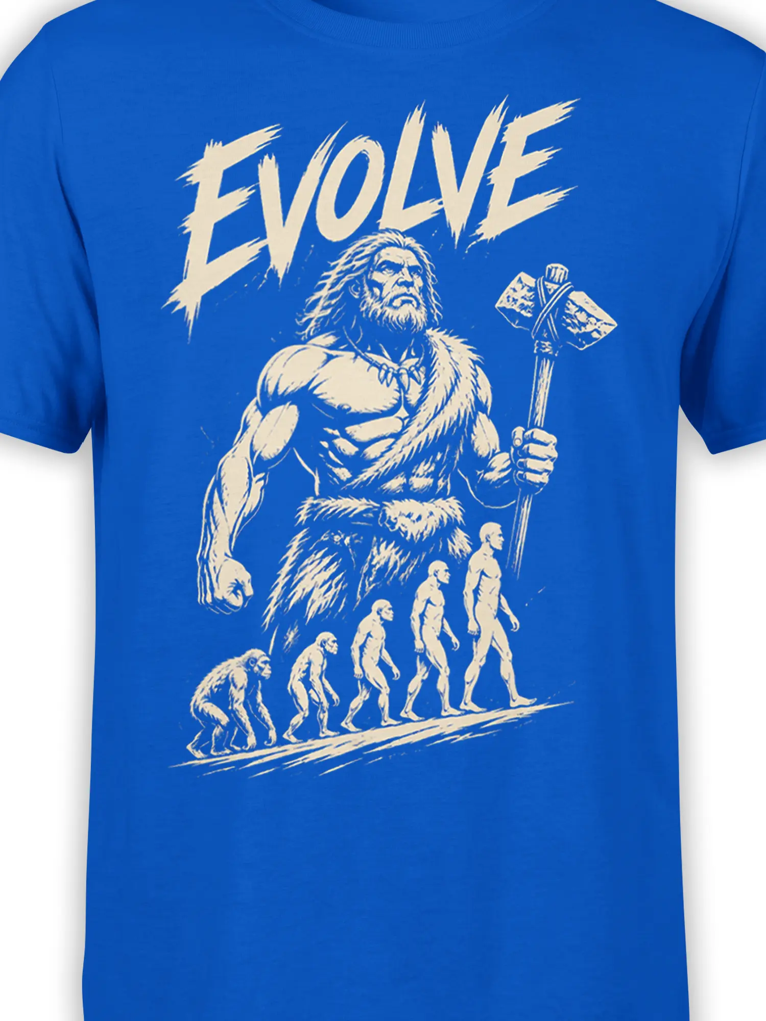 Close-up of the cream EVOLVE design and bearded caveman holding a stone axe on a blue T-shirt