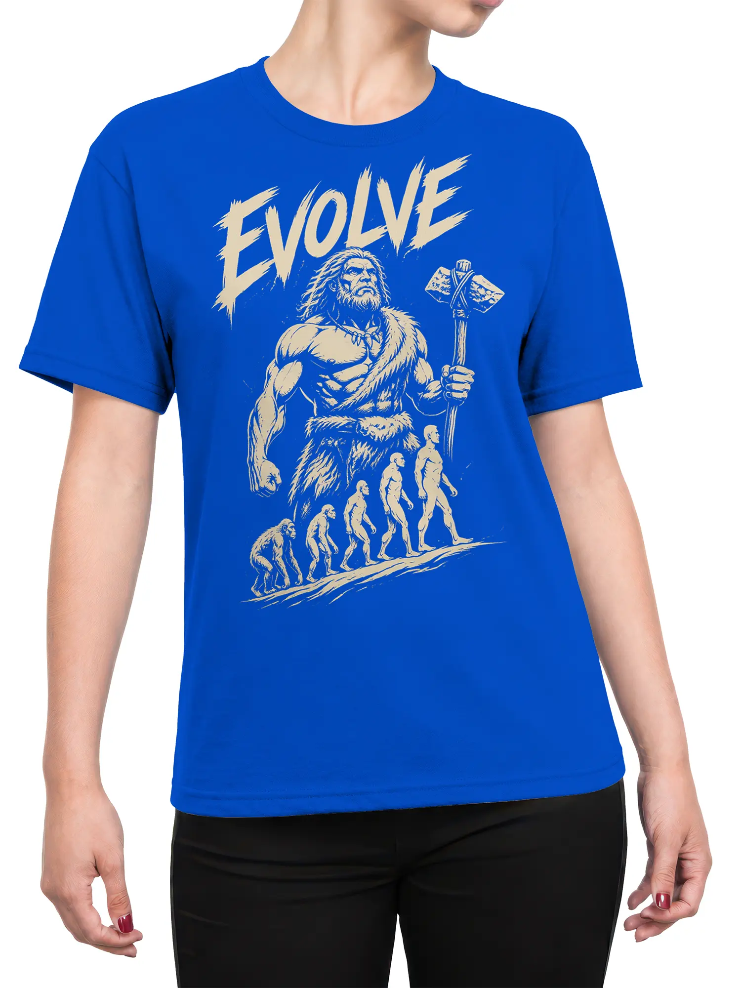 Female torso wearing a blue evolution T-shirt with a cream caveman graphic and EVOLVE lettering