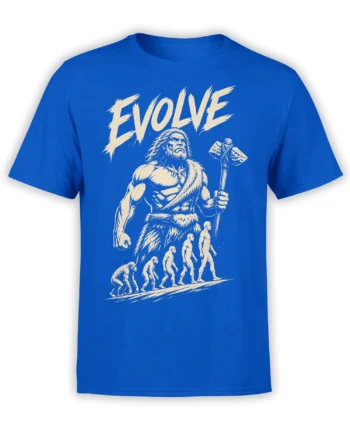 Blue evolution T-shirt with cream EVOLVE text, a bearded caveman holding a stone axe, and human progress figures