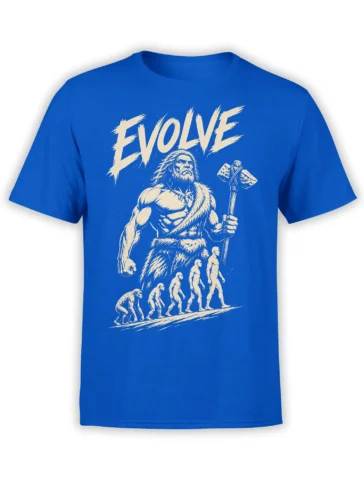 Blue evolution T-shirt with cream EVOLVE text, a bearded caveman holding a stone axe, and human progress figures