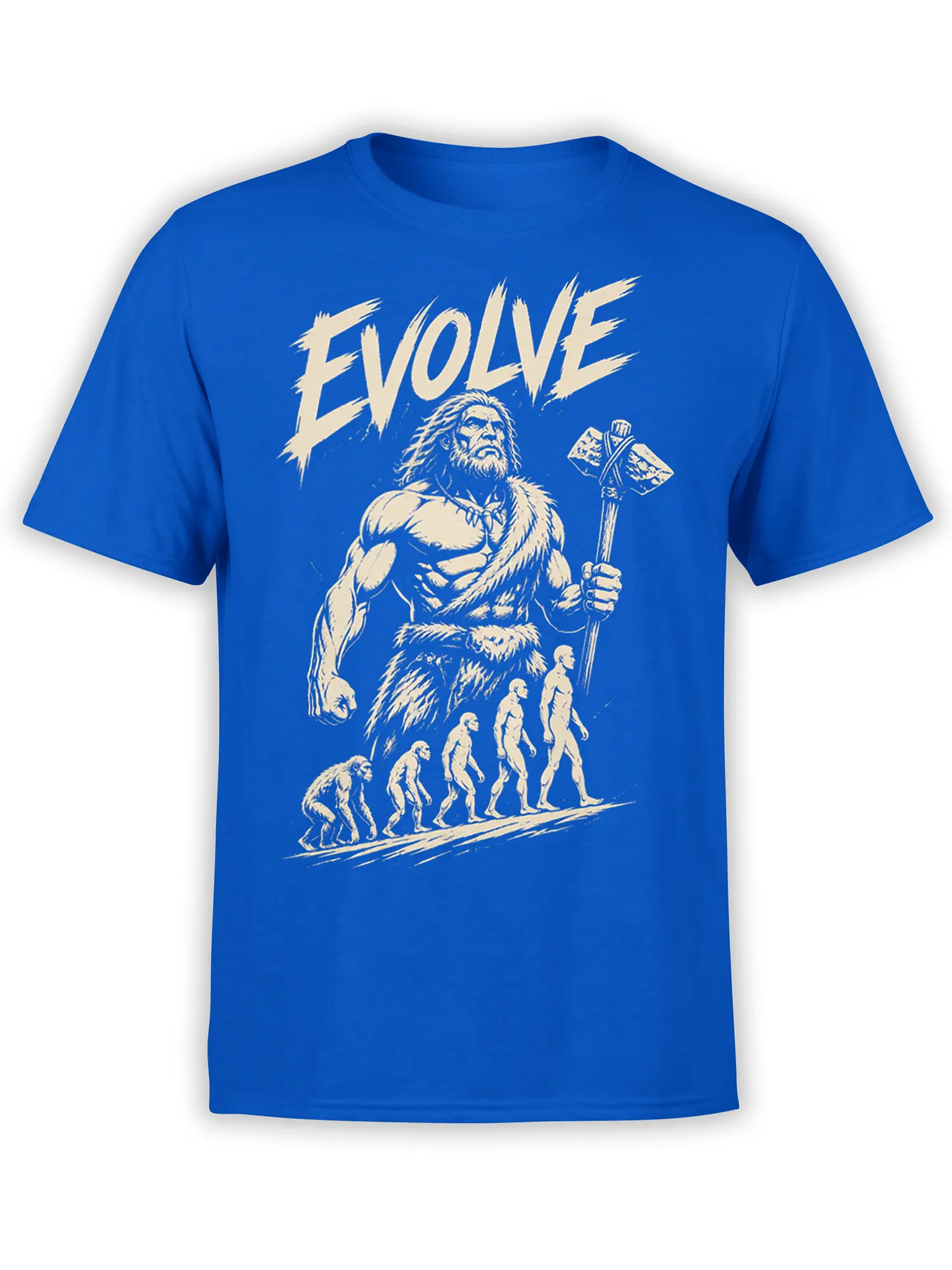 Blue evolution T-shirt with cream EVOLVE text, a bearded caveman holding a stone axe, and human progress figures