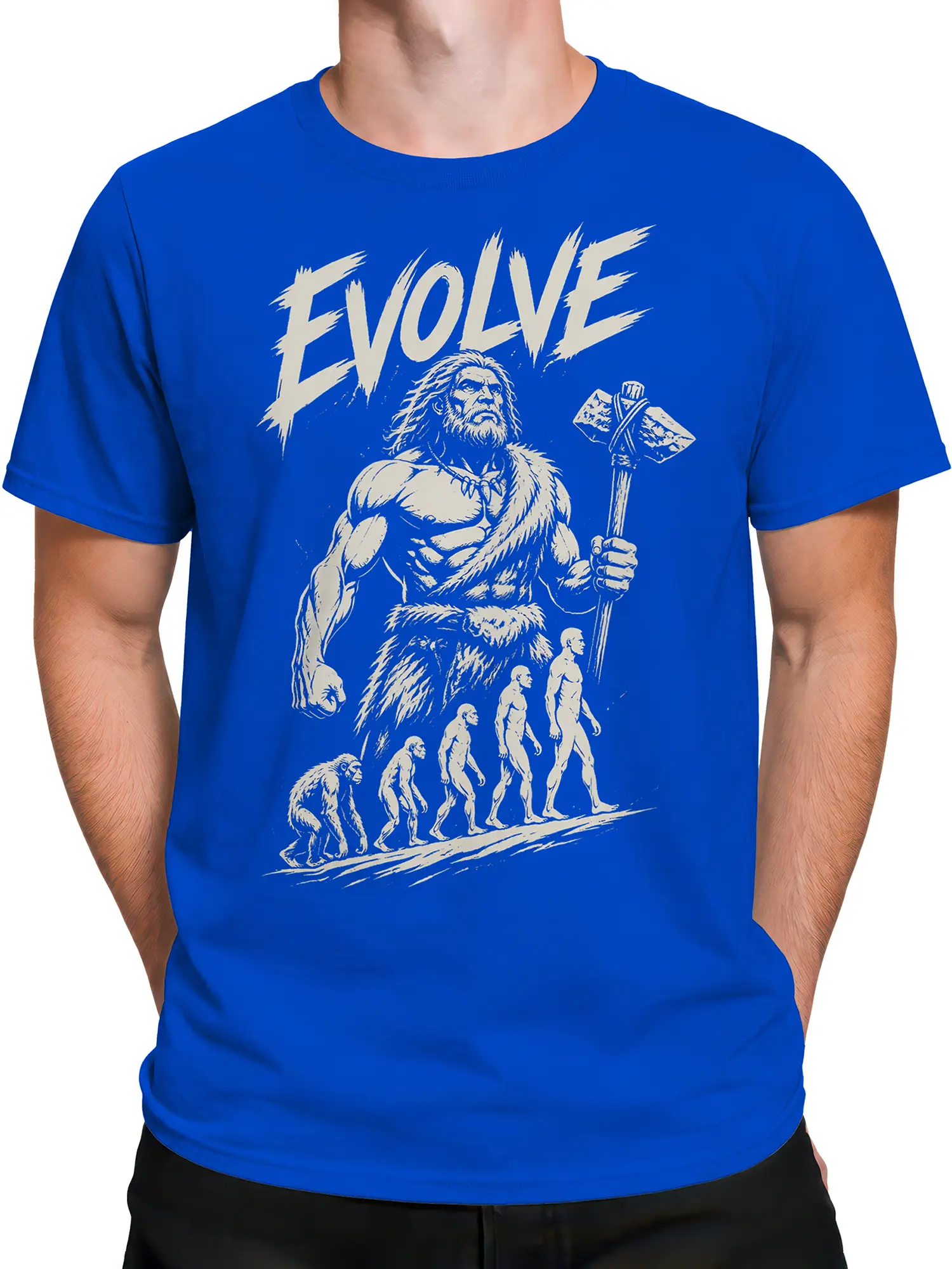 Male torso wearing a blue caveman evolution T-shirt with cream artwork and bold EVOLVE text