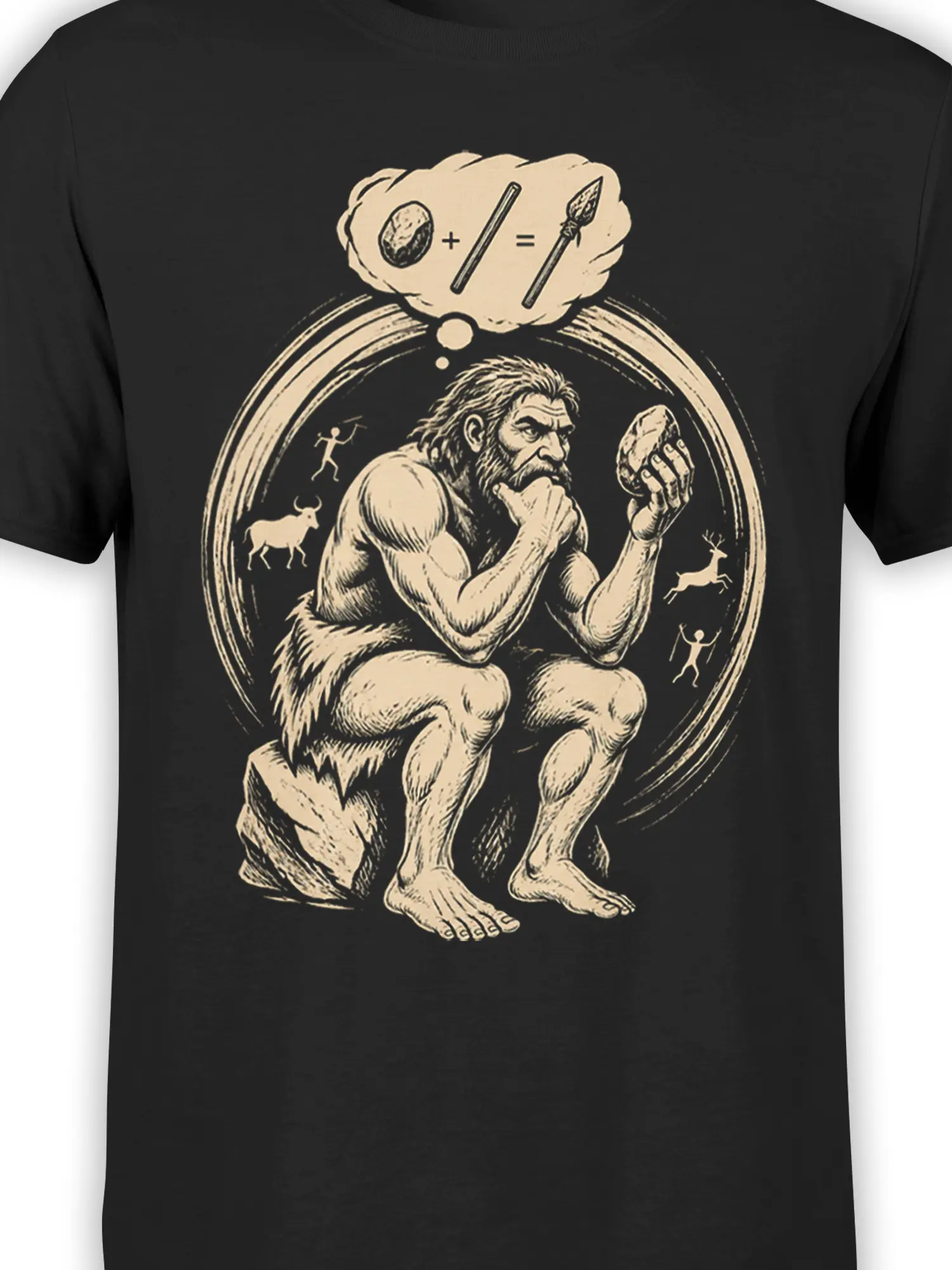 Close-up of the black caveman graphic showing the stone, stick, spear equation, and detailed beige linework