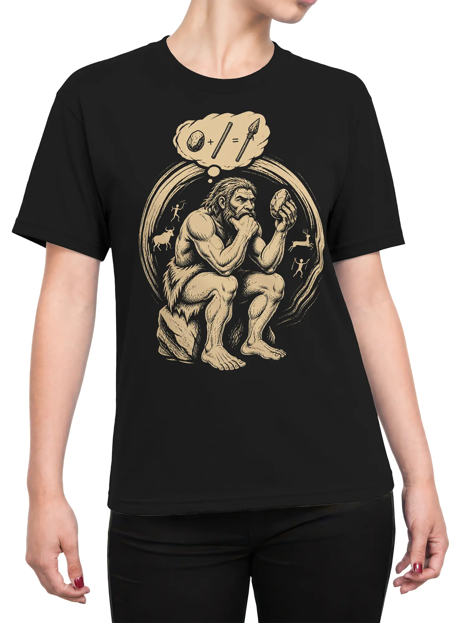 Female torso wearing a black caveman T-shirt with a beige prehistoric invention graphic and cave art details