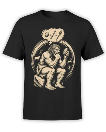 Black caveman T-shirt with a bearded thinker, stone and spear equation, cave art animals, and beige print