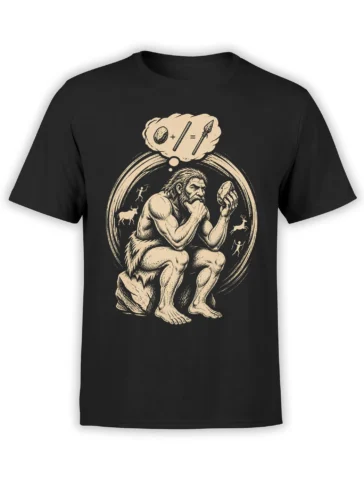 Black caveman T-shirt with a bearded thinker, stone and spear equation, cave art animals, and beige print