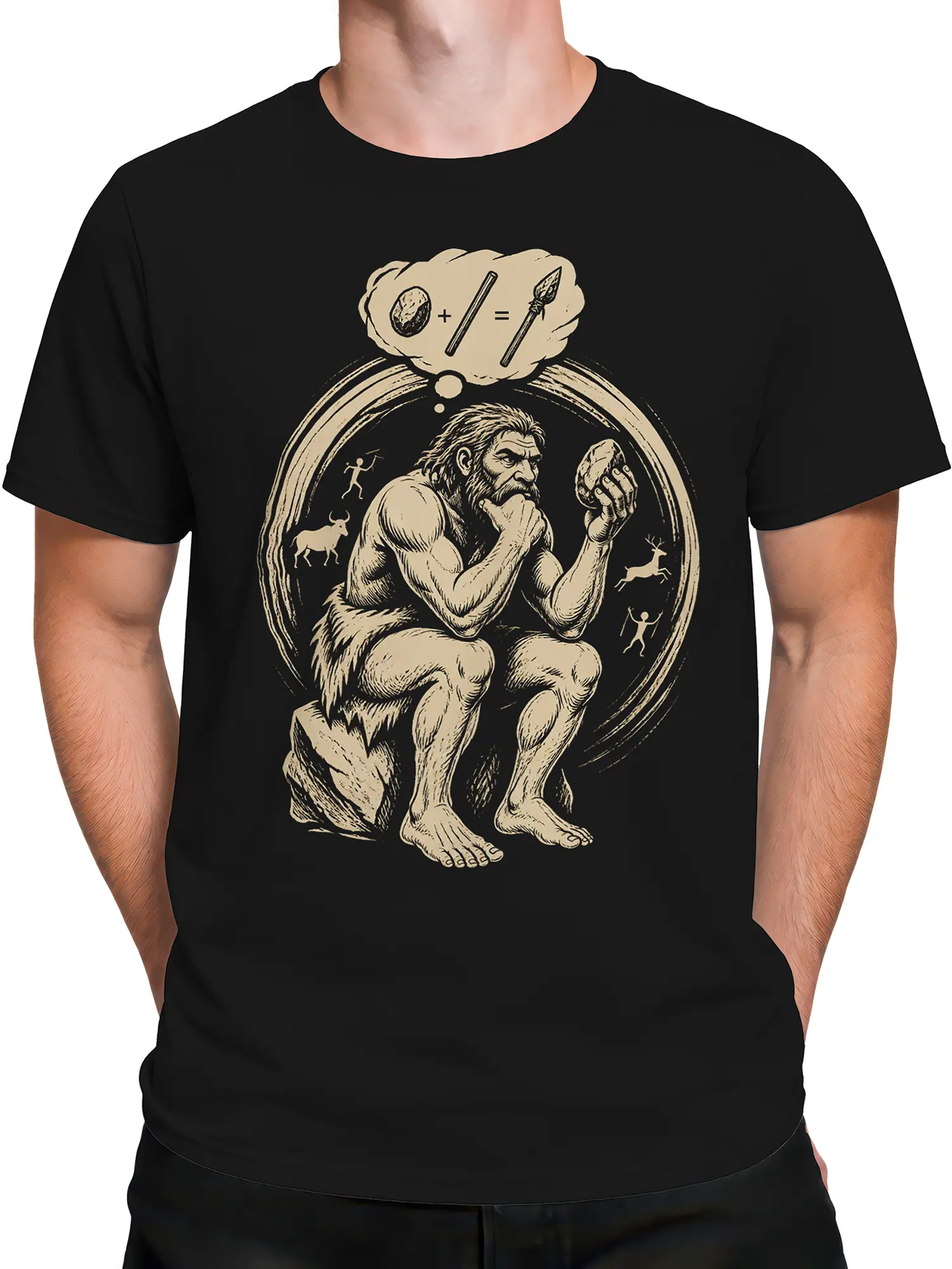 Male torso wearing a black caveman T-shirt with a beige stone-age invention design and cave art