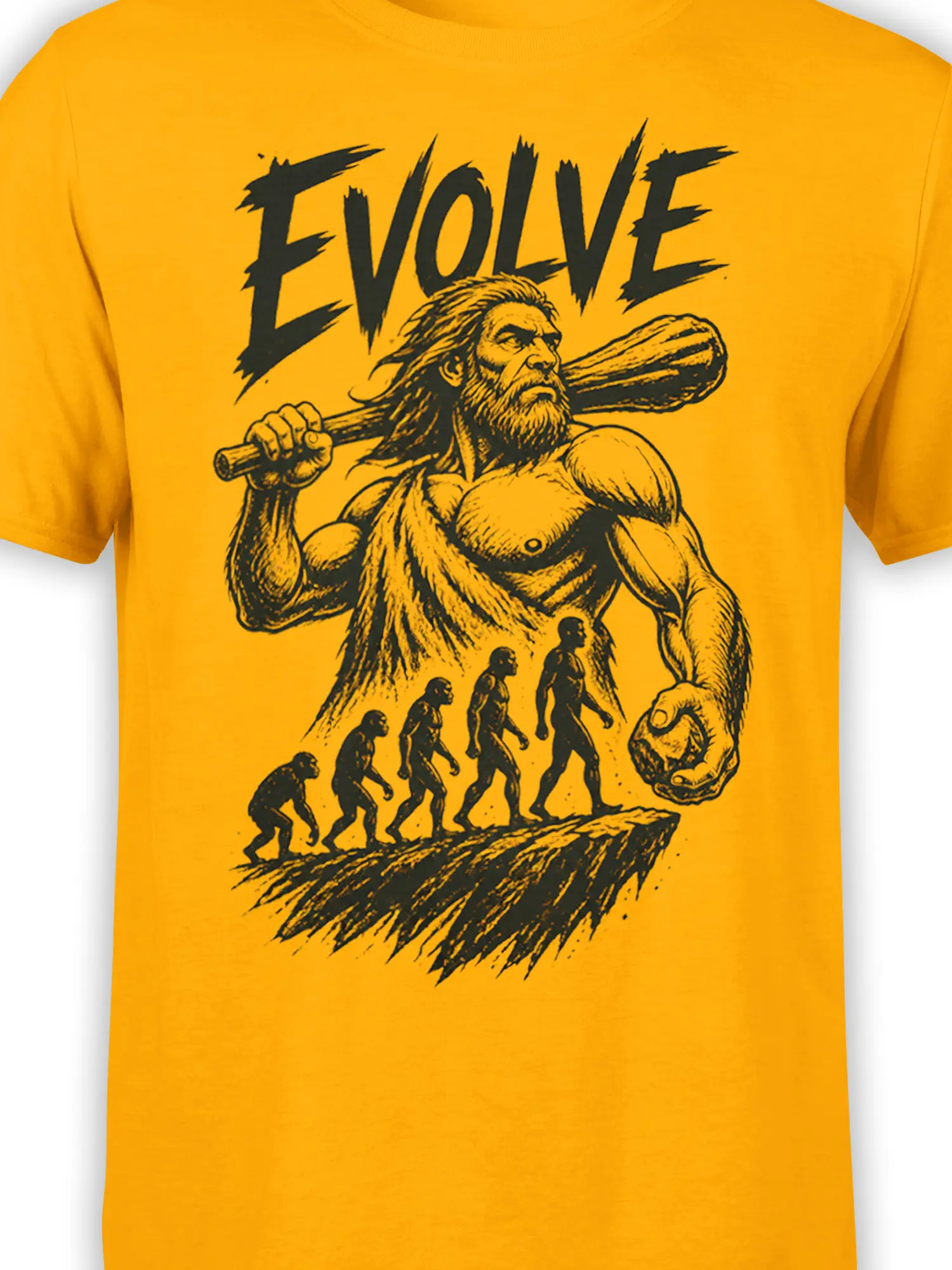 Close-up of black caveman artwork and EVOLVE lettering on a yellow evolution T-shirt