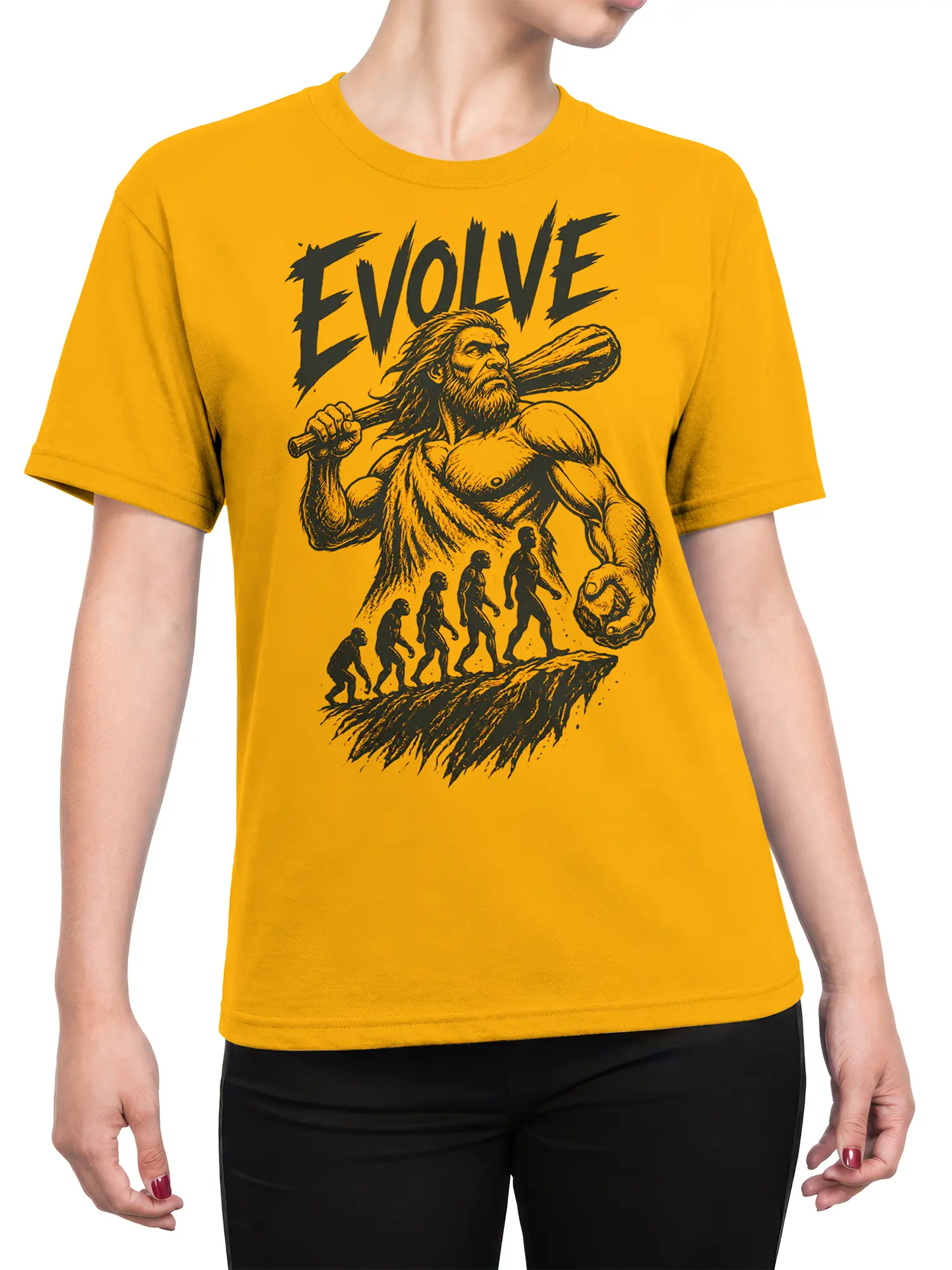 Female torso wearing a yellow caveman evolution T-shirt with black artwork and bold EVOLVE lettering
