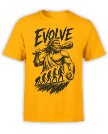 Yellow caveman evolution T-shirt with a muscular figure, oversized club, walking silhouettes, and EVOLVE text