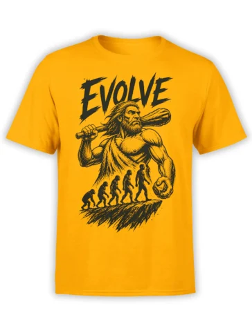 Yellow caveman evolution T-shirt with a muscular figure, oversized club, walking silhouettes, and EVOLVE text